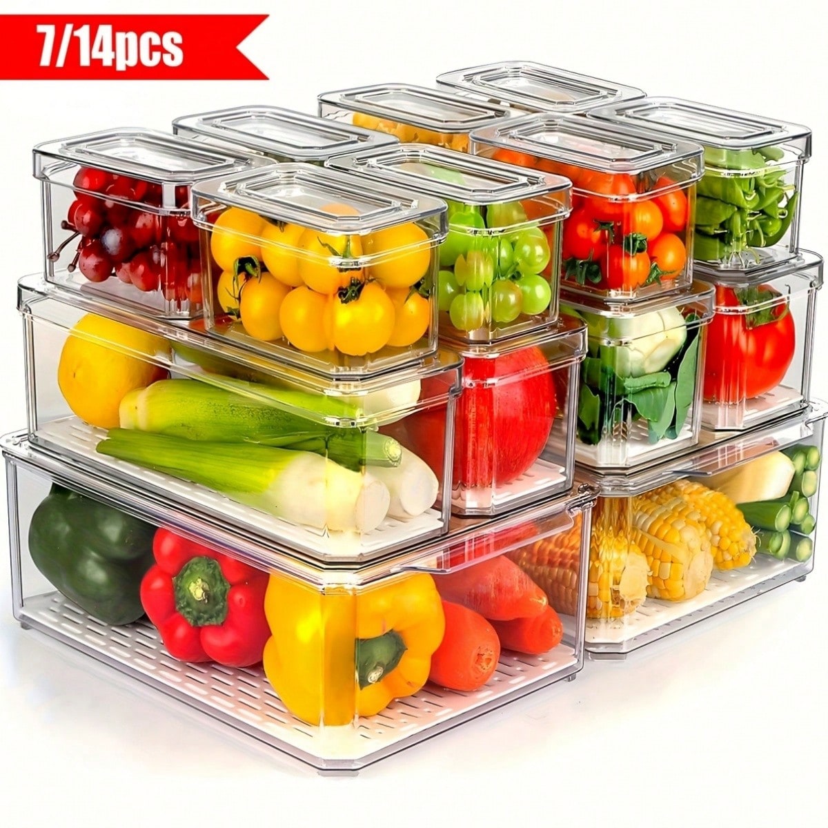Food Storage Cabinet For Kitchen - 7/14 Pack Stackable Fridge Organizer Bins
