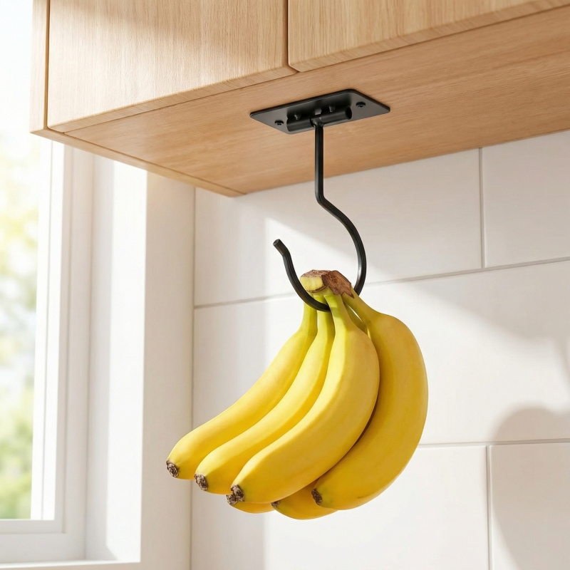 Food Storage Organizer - Black Metal Self-Adhesive Banana Hook Foldable